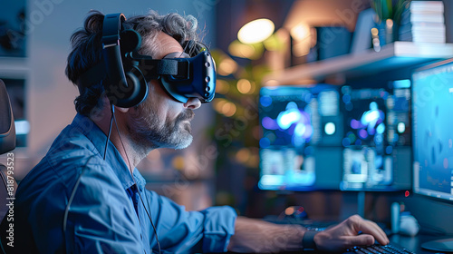 Elderly man playing video games with virtual reality goggles at home