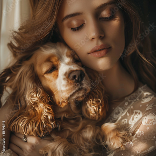 Con elegancia, la modelo posa con un encantador cachorro de cocker spaniel, su pelo sedoso brilla bajo la luz, creando una imagen de dulzura y estilo.  photo