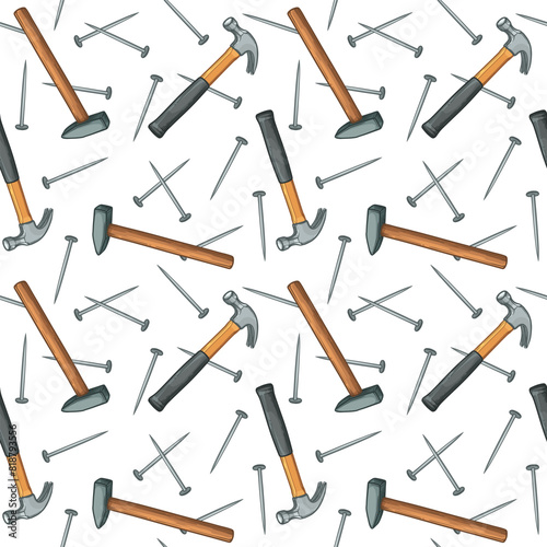 Hammers and nails, seamless pattern. Vector illustration of hammers with nails.
