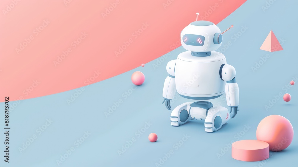 A 3D illustration of a friendly white robot sitting amongst geometric shapes on a dual-tone blue and pink background A 3D illustration of a friendly white robot sitting amongst geometric shapes on a dual-tone blue and pink background