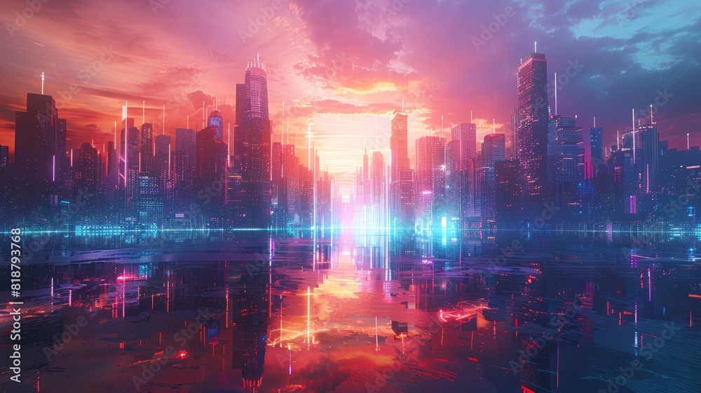 A captivating digital artwork of a futuristic cityscape illuminated by neon lights and towering skyscrapers, ideal for technology and innovation themes. 