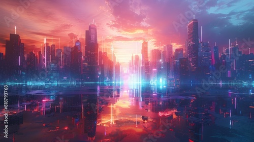 A captivating digital artwork of a futuristic cityscape illuminated by neon lights and towering skyscrapers  ideal for technology and innovation themes. 