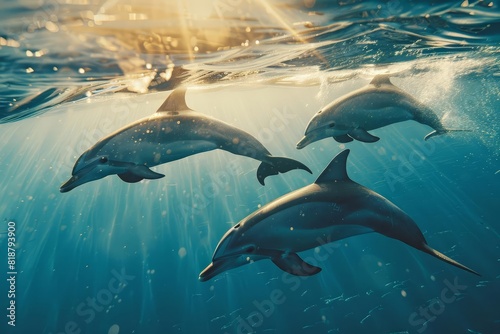 dolphins ocean tropical swimming playful cheerful fun underwater marine life paradise happiness joy summer vacation paradise  photo