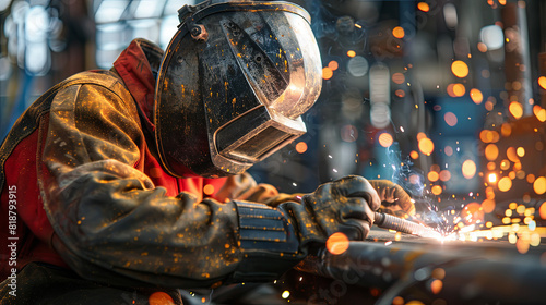 welder at work in a factory, closeup of the hands