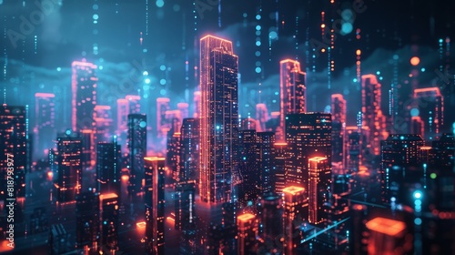 A captivating digital artwork of a futuristic cityscape illuminated by neon lights and towering skyscrapers  ideal for technology and innovation themes. 