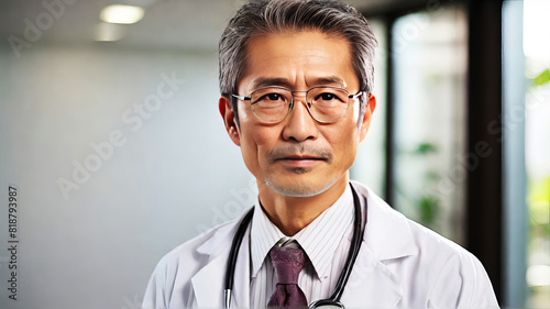 Portrait of a professional Japanese doctor smiling warm expressions stethoscope around neck white attire formal dress with copy space  photo