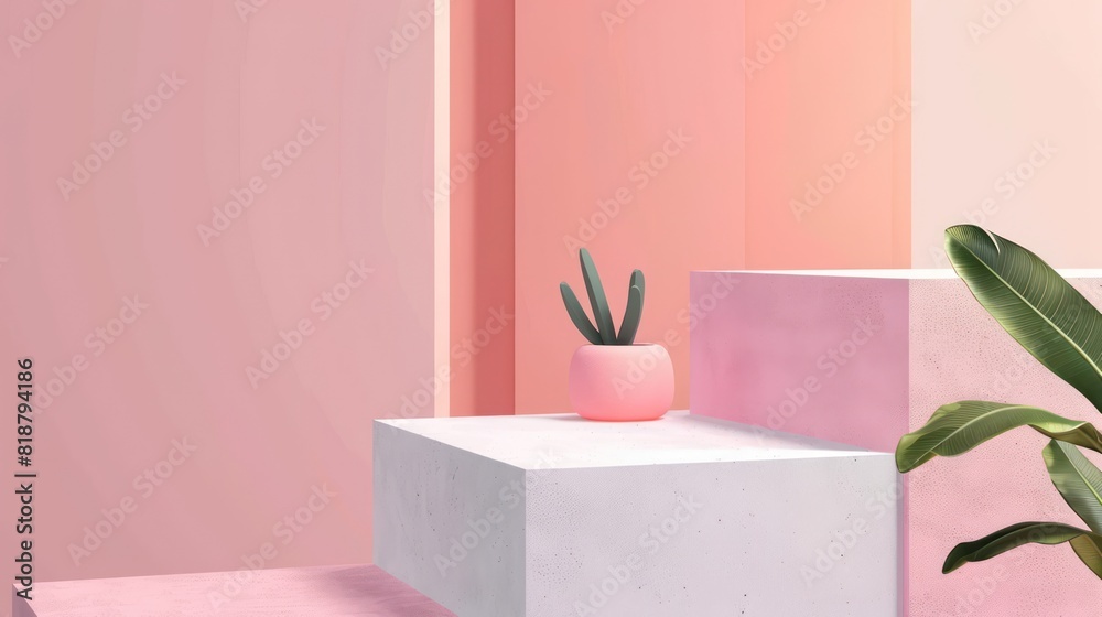 A modern minimalist interior design scene featuring a pink vase with a simplistic plant on a concrete pedestal A modern minimalist interior design scene featuring a pink vase with a simplistic plant on a concrete pedestal