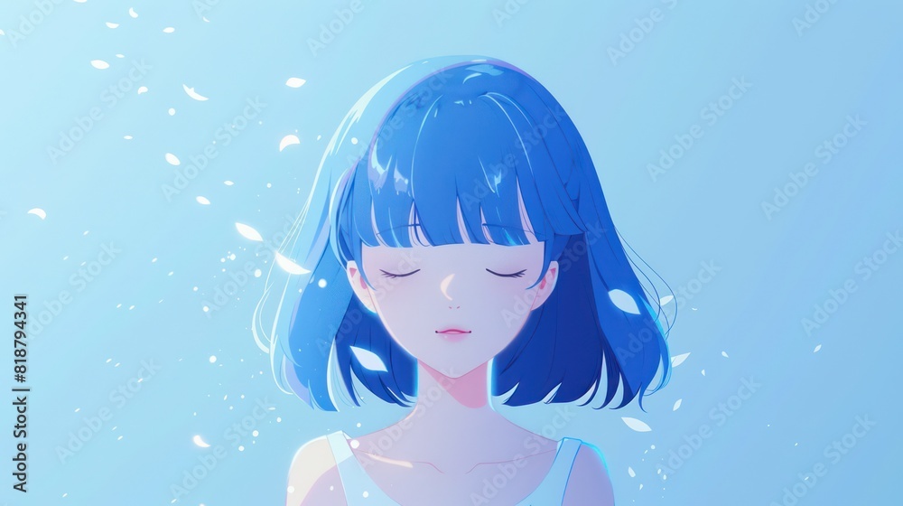 Illustration of an anime-style girl with blue hair, surrounded by white feathers against a blue background Illustration of an anime-style girl with blue hair, surrounded by white feathers against a blue background