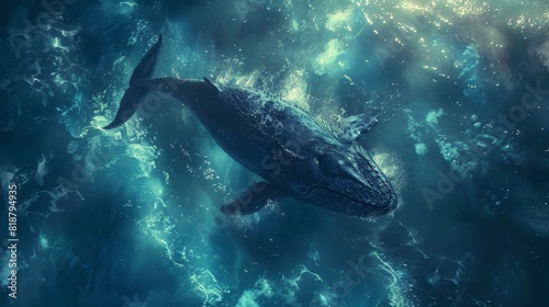 A blue whale swims in the deep blue sea
