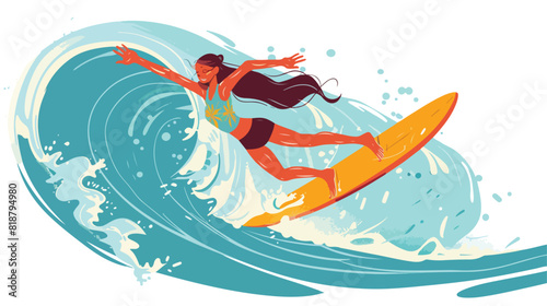 Girl surfer riding surf board catching wave. Happy ac