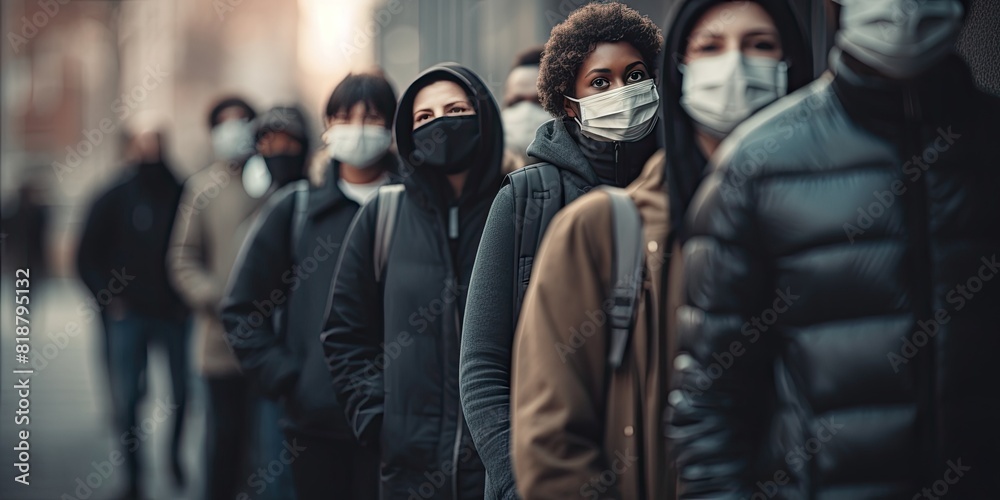 A gathering of individuals stands in a queue outside a shop, all donning masks. A gathering of individuals stands in a queue outside a shop, all donning masks.