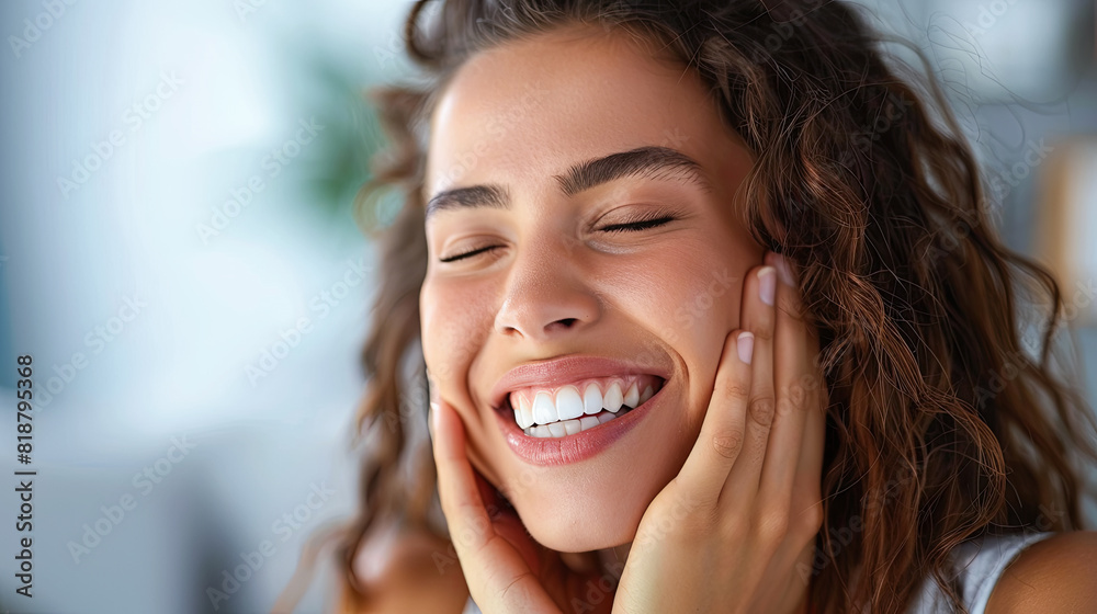 Beautiful young woman with healthy teeth smiling at camera in the morning Beautiful young woman with healthy teeth smiling at camera in the morning