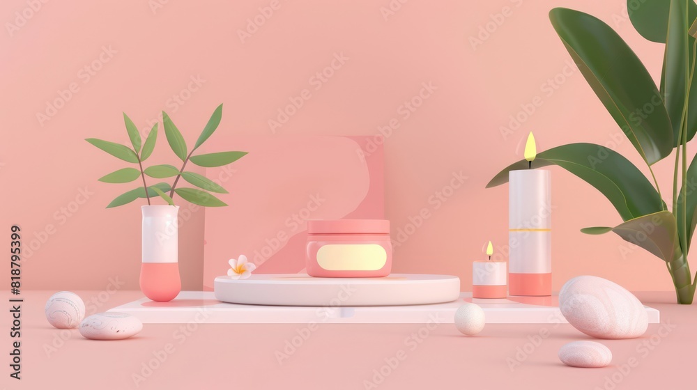 A contemporary 3D render of a serene spa setting with wellness and skincare products on a table with a plant A contemporary 3D render of a serene spa setting with wellness and skincare products on a table with a plant