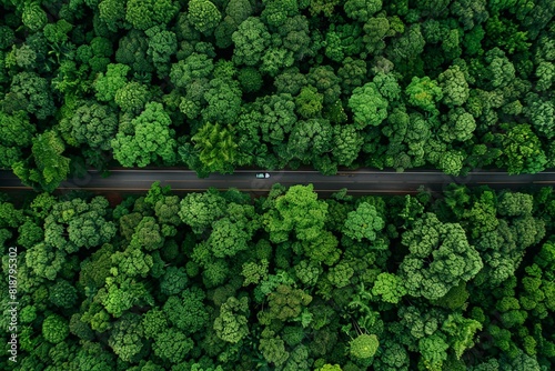 Aerial view of green forest and black asphalt road, top view road through forest, road trip, drone aerial view. photo