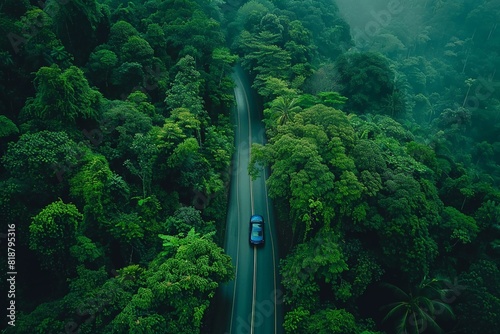Aerial view of green forest and black asphalt road, top view road through forest, road trip, drone aerial view. © Warakorn