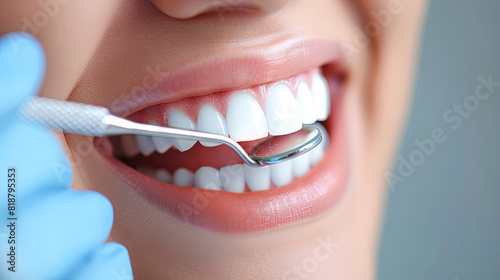 Close up of woman's teeth with dental mirror and probe. Dentistry concept