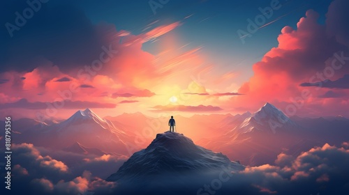 A person standing on top of a mountain at sunset. Generative AI.