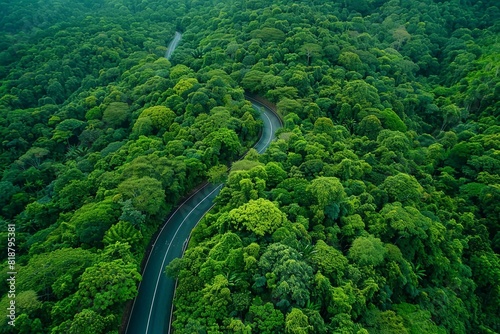 Aerial view of green forest and black asphalt road, top view road through forest, road trip, drone aerial view.