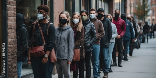 A gathering of individuals stands in a queue outside a shop  all donning masks.