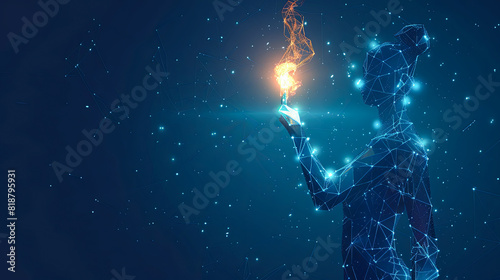 Silhouette of a young woman holding a burning torch on a dark blue background. Vector illustration photo