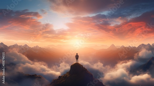 A person standing on top of a mountain at sunset. Generative AI. © Studicon