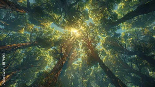 The photo shows sunlight shining through the tall trees in a forest. The green leaves of the trees are lush and vibrant. The sunlight creates a dappled pattern on the forest floor.