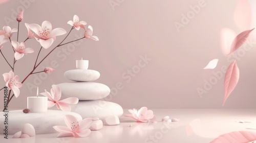 A serene and balanced composition with stacked stones  candles  and pink blossoms against a soft pink backdrop  symbolizing relaxation and wellness