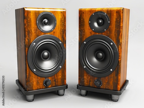 Two speakers are sitting on a white background.