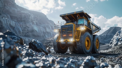 A heavy-duty mining dump truck is hauling material, set against a backdrop of a rocky quarry under a clear sky