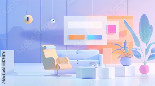 A vibrant 3D illustration of a modern living room with stylish furniture, abstract shapes, and playful colors