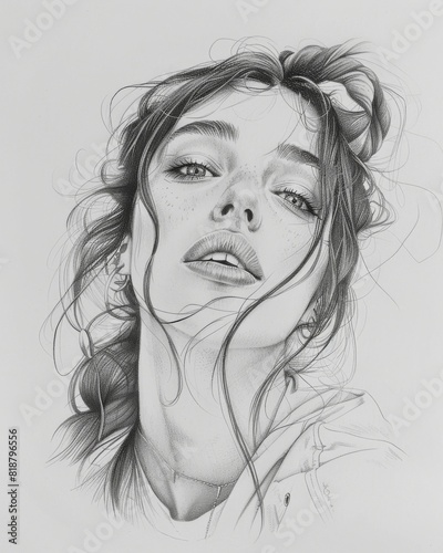 The image showcases a beautifully detailed pencil sketch of a woman with an intricate hairstyle, delicate features