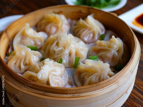 A bamboo steamer filled with dumplings on a table. photo