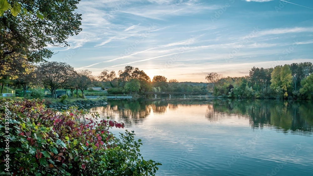 Sunset illuminates trees and bushes near water Sunset illuminates trees and bushes near water