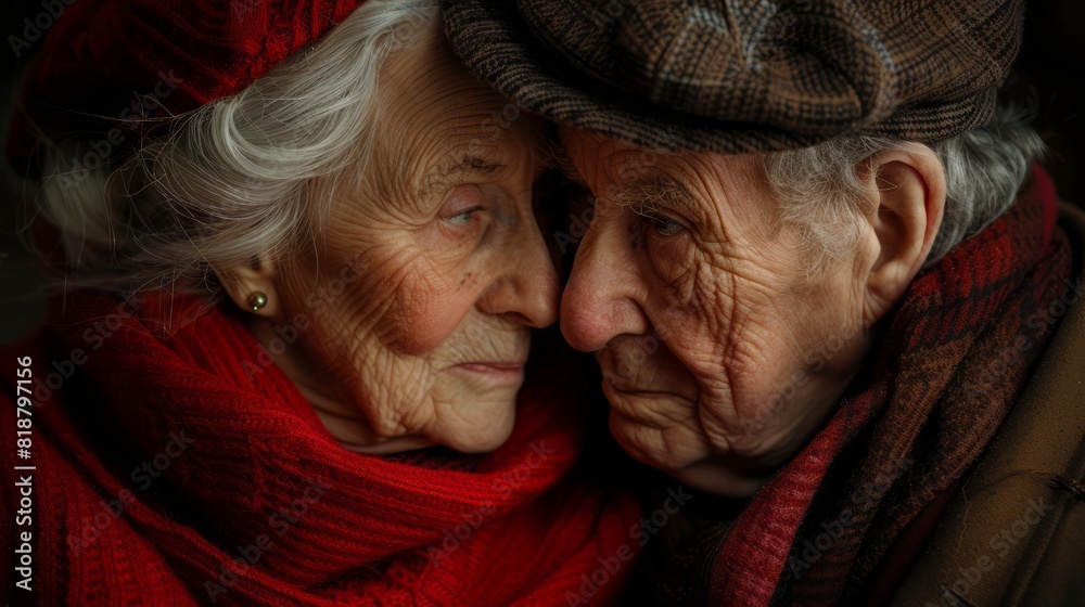 A heartwarming photo of an elderly couple gazing lovingly into each other's eyes, representing enduring love and companionship for Valentine's Day or other romantic occasions.