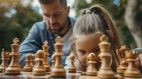 Father and daughter concentrated on chess, engrossed in the game board, learning and strategizing together