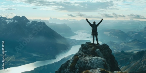 A mountain climber at the mountain top raises his hands. He is overlooking a stunning landscape photo