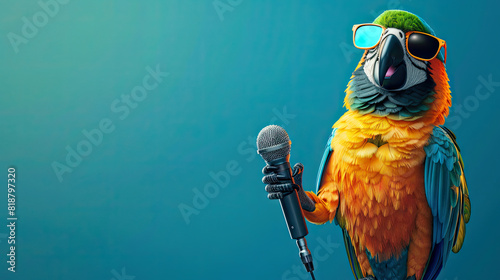 Parrot wearing sunglasses holding microphone. Concept of fun and entertainment.
