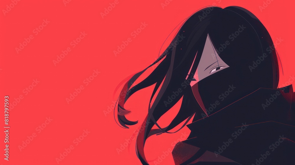 An illustration of a silhouette with dynamic hair and a face mask against a vivid red background, conveying a sense of mystery An illustration of a silhouette with dynamic hair and a face mask against a vivid red background, conveying a sense of mystery