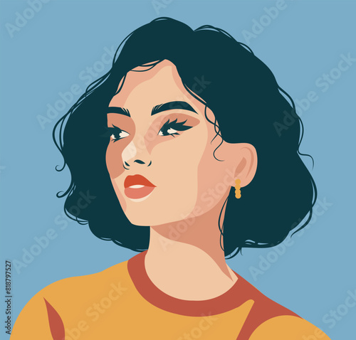 Vector flat illustration portrait avatar icon flat. Beautiful bright brunette Asian woman. Concept of the movement for gender equality and women's empowerment