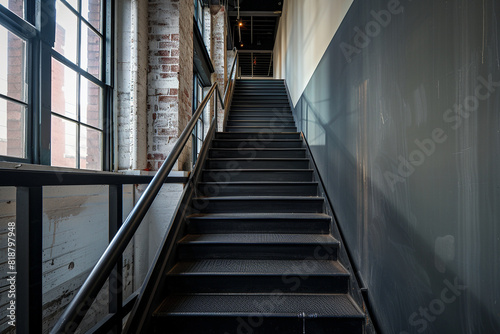 Black straight staircase in a loft  urban setting  balcony side view.