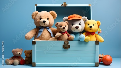 Baby kid toys in a toy box. With a light blue background, a container holds educational wooden toys and a teddy bear. beautiful selection of toys for young kids. frontal view © UZAIR