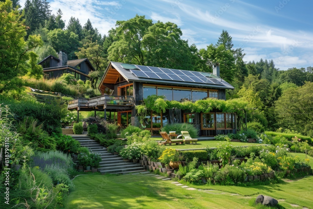 A picturesque family home nestled in a lush green environment, boasting energy-efficient solar panels on its roof.