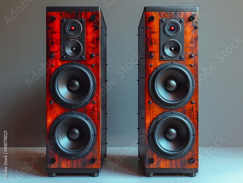Two speakers are shown on a gray background.