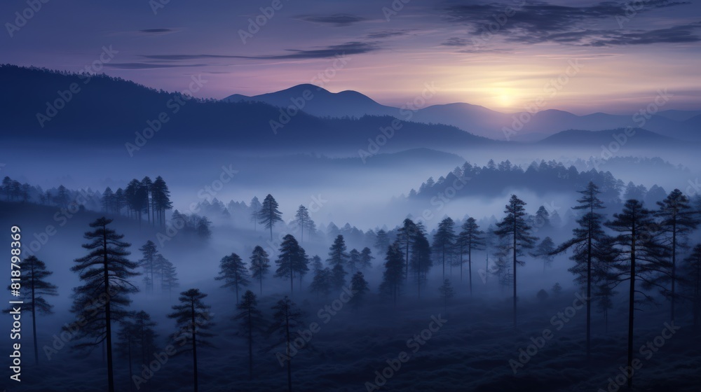 At twilight, the foggy pine forests are nature's lullaby, with the sun's serene serenade painting indigo and amethyst shades At twilight, the foggy pine forests are nature's lullaby, with the sun's serene serenade painting indigo and amethyst shades