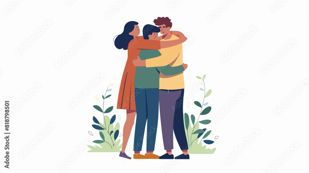 Family reunion concept. Parents and kid embracing eac