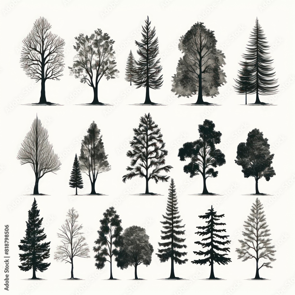 Obraz premium Illustration of silhouette trees set on a white background.
