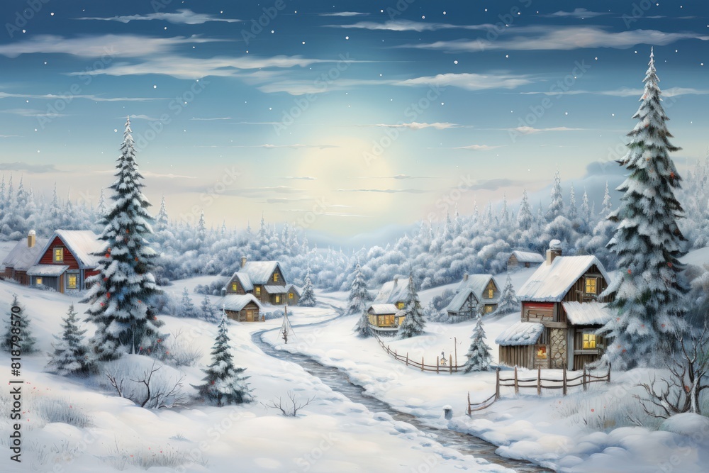 Fototapeta premium An enchanting snowy Christmas landscape with glistening snowflakes