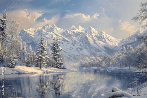 Snowy mountain scene with a lake and trees in the foreground