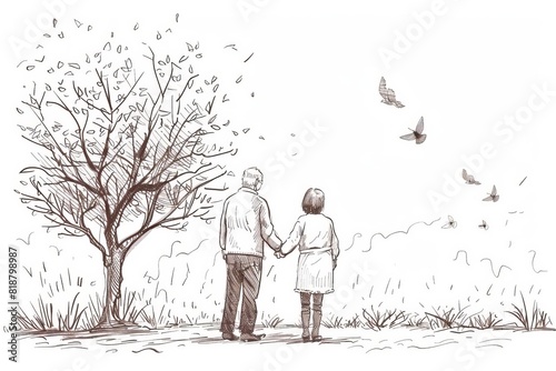 elderly couple love romance handinhand park outdoor line art portrait affection devotion aging togetherness relationship tender sweet simple 