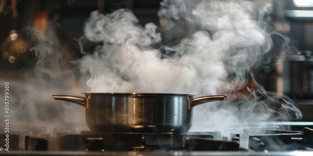 A pot over heat with boiling water and smoke professional chef kitchen cuisine. A pot over heat with boiling water and smoke professional chef kitchen cuisine.